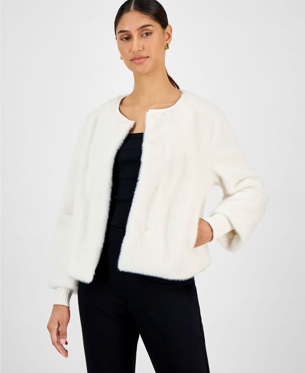 ティー・タハリ レディース アウター ジャケット・ブルゾン ニット ジャケット T Tahari Womens KnitCuff FauxFur Jacket Soft Ivory アイボリー