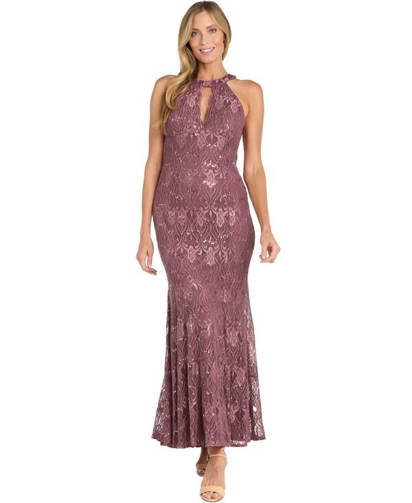 アールアンドエムリチャーズ レディース トップス ワンピース スパンコール レース ホルター R M Richards Womens Sequin Lace Keyhole Halter Gown D