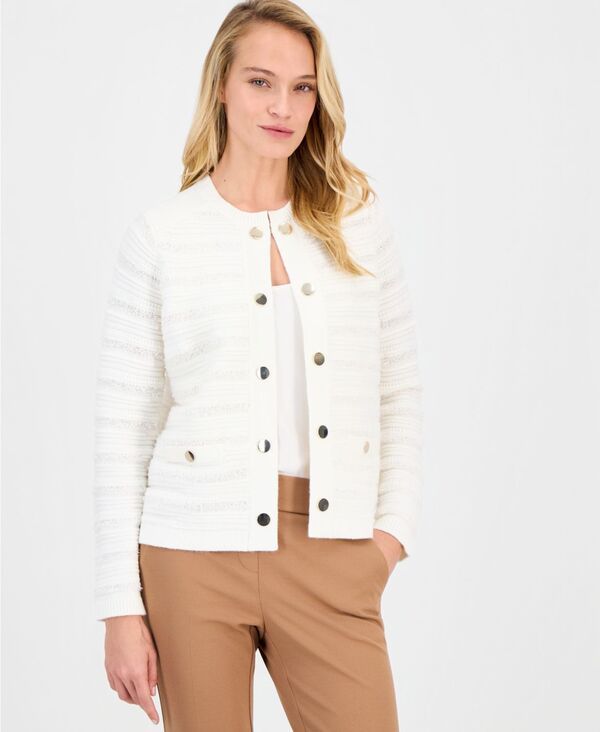アンクライン レディース アウター ニット・セーター カーディガン Anne Klein Womens Collarless Textured Cardigan White Dove ホワイト