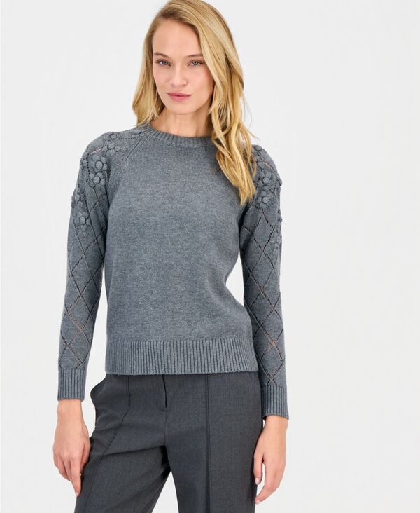 アンクライン レディース アウター ニット・セーター 長袖 Anne Klein Womens FlowerTrim LongSleeve Sweater Med Heather ヘザー 21,980円