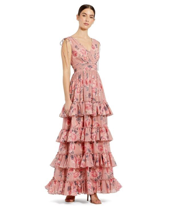 マックダガル レディース トップス ワンピース ティアード シフォン フラワー柄 フラワー Mac Duggal Womens Drawstring Shoulder Floral Chiffon T