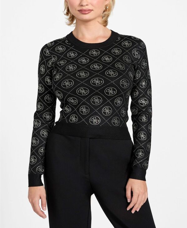 ゲス レディース アウター ニット・セーター クルーネック 長袖 GUESS Womens LongSleeve Crew Neck Rhinestones 4G Sweater Black ブラック