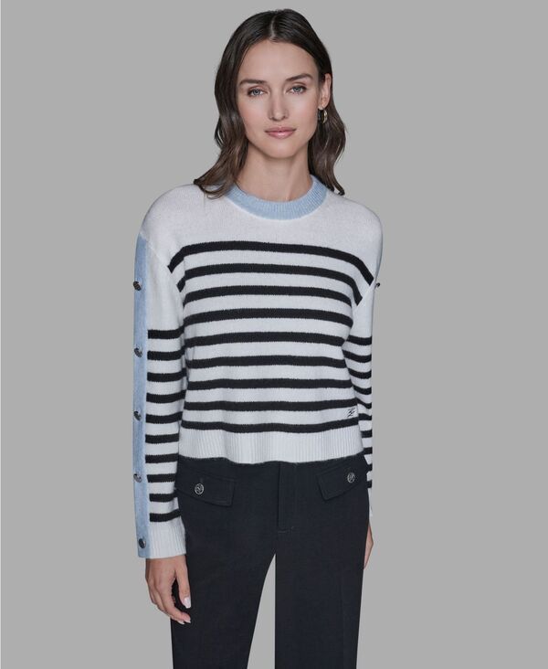 カール ラガーフェルド レディース アウター ニット・セーター クルーネック プチ KARLAGERFELD PARIS Petite Striped Crewneck Sweater Soft Wh