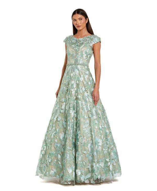 マックダガル レディース トップス ワンピース ハイネック キャップ Mac Duggal Womens Embellished Cap Sleeve High Neck Ballgown Sage