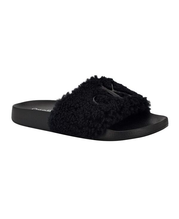 カルバンクライン レディース シューズ サンダル Calvin Klein Womens Amaya Fuzzy Slide Sandals Black Shearling Logo ブラック
