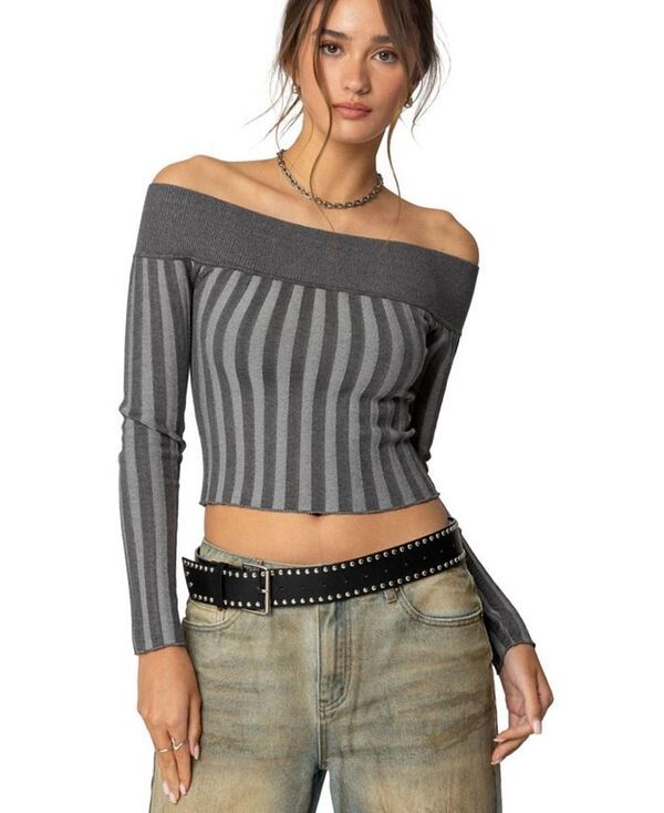 アディクテッド レディース アウター ニット・セーター ニット Edikted Womens Daren Off Shoulder Knit Top Dark gray グレー