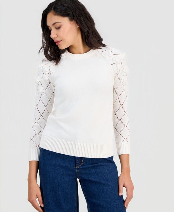 アンクライン レディース アウター ニット・セーター 長袖 Anne Klein Womens FlowerTrim LongSleeve Sweater White Dove ホワイト