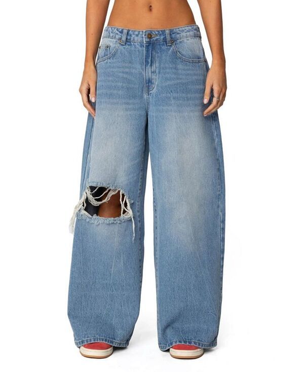 アディクテッド レディース ボトムス デニムパンツ ローライズ ジーンズ Edikted Womens Distressed Low Rise Baggy Jeans Bluewashed ブルー