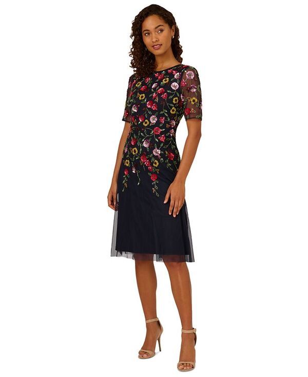 アドリアナ パペル レディース トップス ワンピース ミディワンピース メッシュ ミディ Adrianna Papell Womens Embellished Mesh Midi Dress Navy 49,080円
