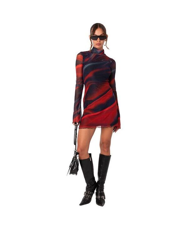アディクテッド レディース トップス ワンピース ミニワンピース プリント ミニ メッシュ Edikted Womens Printed Mesh Lettuce Hem Mini Dress Wit
