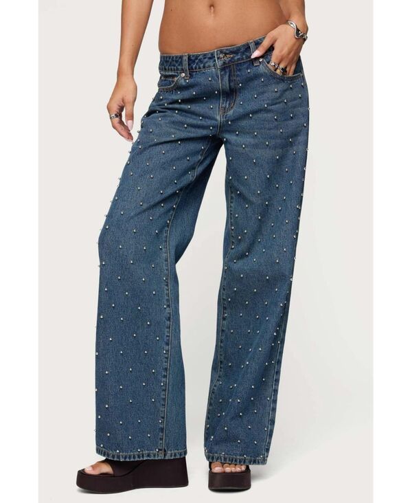アディクテッド レディース ボトムス デニムパンツ ローライズ ジーンズ Edikted Womens Esmay Studded Low Rise Jeans Bluewashed ブルー