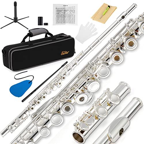 Eastar フルート 銀メッキ 16穴 リングキー Eメカ付き オフセット フルートスタンド&専門ケース 初心者セット (銀色)★m a1e4f039