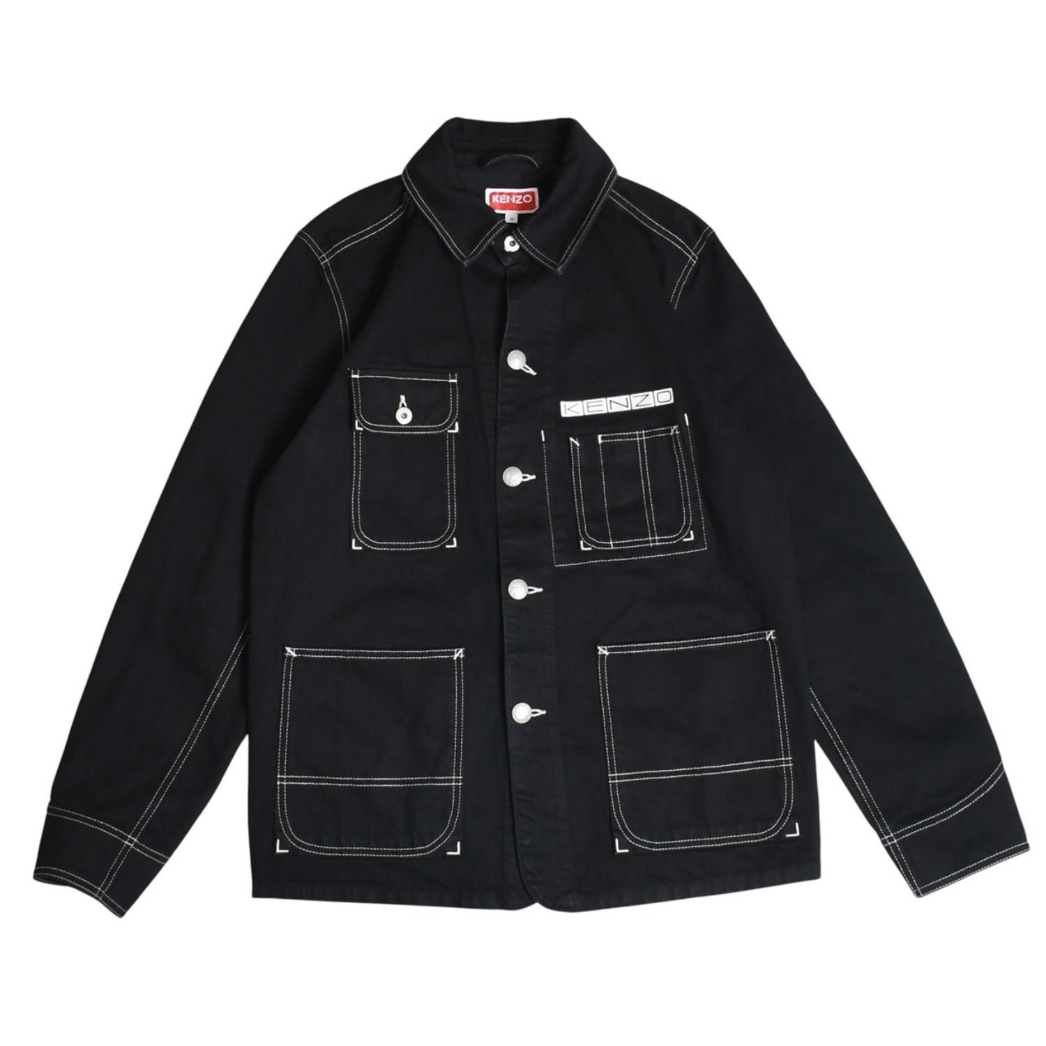 極美品 KENZO ケンゾー ビジネス リラックス ワークウエア ジャケット 116533 ワークジャケット ブラック アウター Mサイズ カバーオール型 コントラストステッチ 中古 4a003411