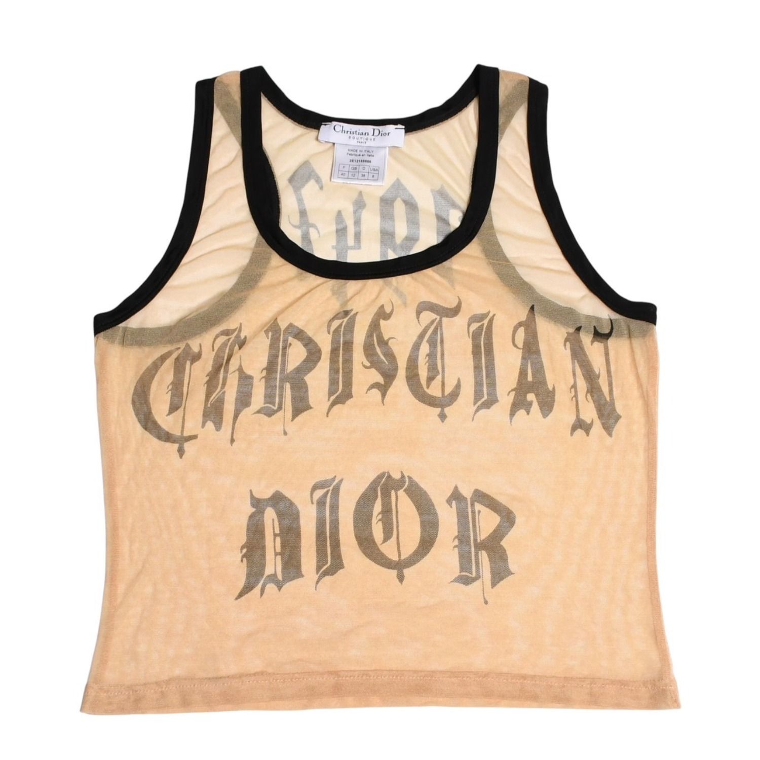 極美品 Christian Dior クリスチャンディオール ゴシックロゴ メッシュタンクトップ 40サイズ シアーメッシュ ガリアーノ期 2002SS ゴシックフォント 中古 4a003831