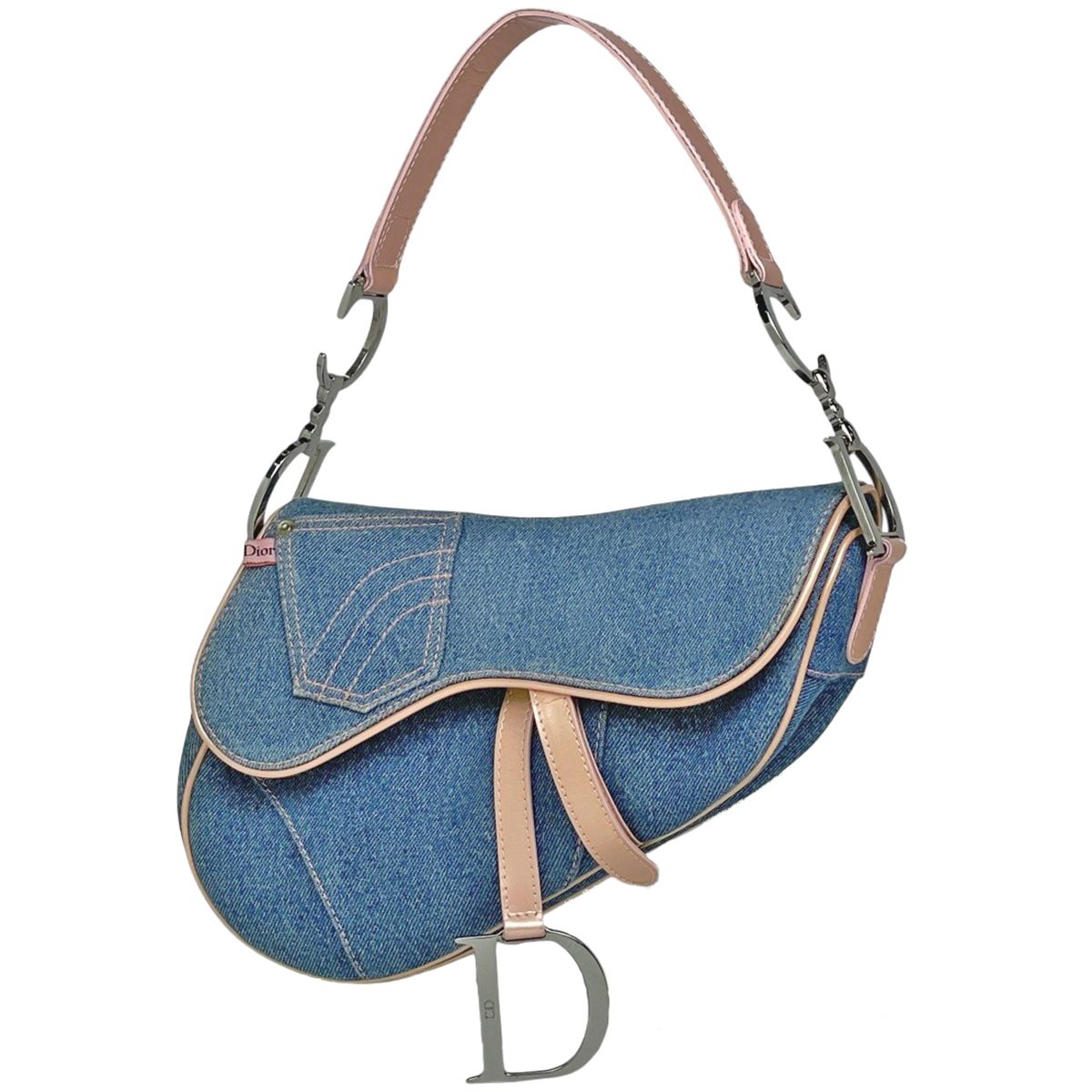 クリスチャンディオール Christian Dior サドルバッグ ショルダーバッグ デニム ブルー ピンク レディース 【中古】