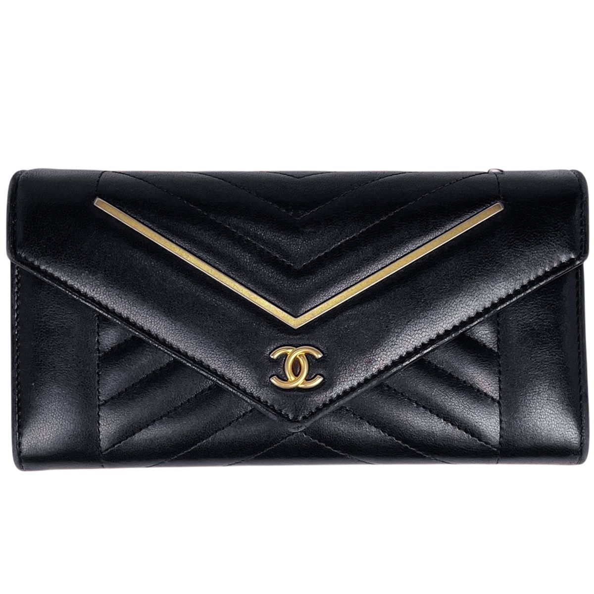 シャネル CHANEL Vステッチ 二つ折り 長財布 シェブロン ココマーク レザー ブラック レディース 【中古】