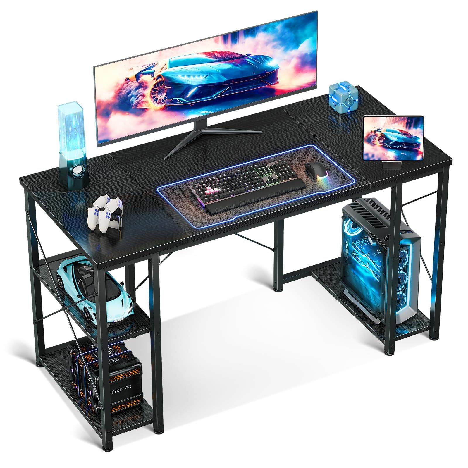 AODK ゲーミングデスク パソコンデスク 机 pcデスク 幅120cm 両側ラック&CPUスタンド付き gaming desk ゲームデスク 勉強机 オフィスデスク 在宅ワークデスク 長机 左右入れ替え対応 おしゃれ ブラックｍａ
