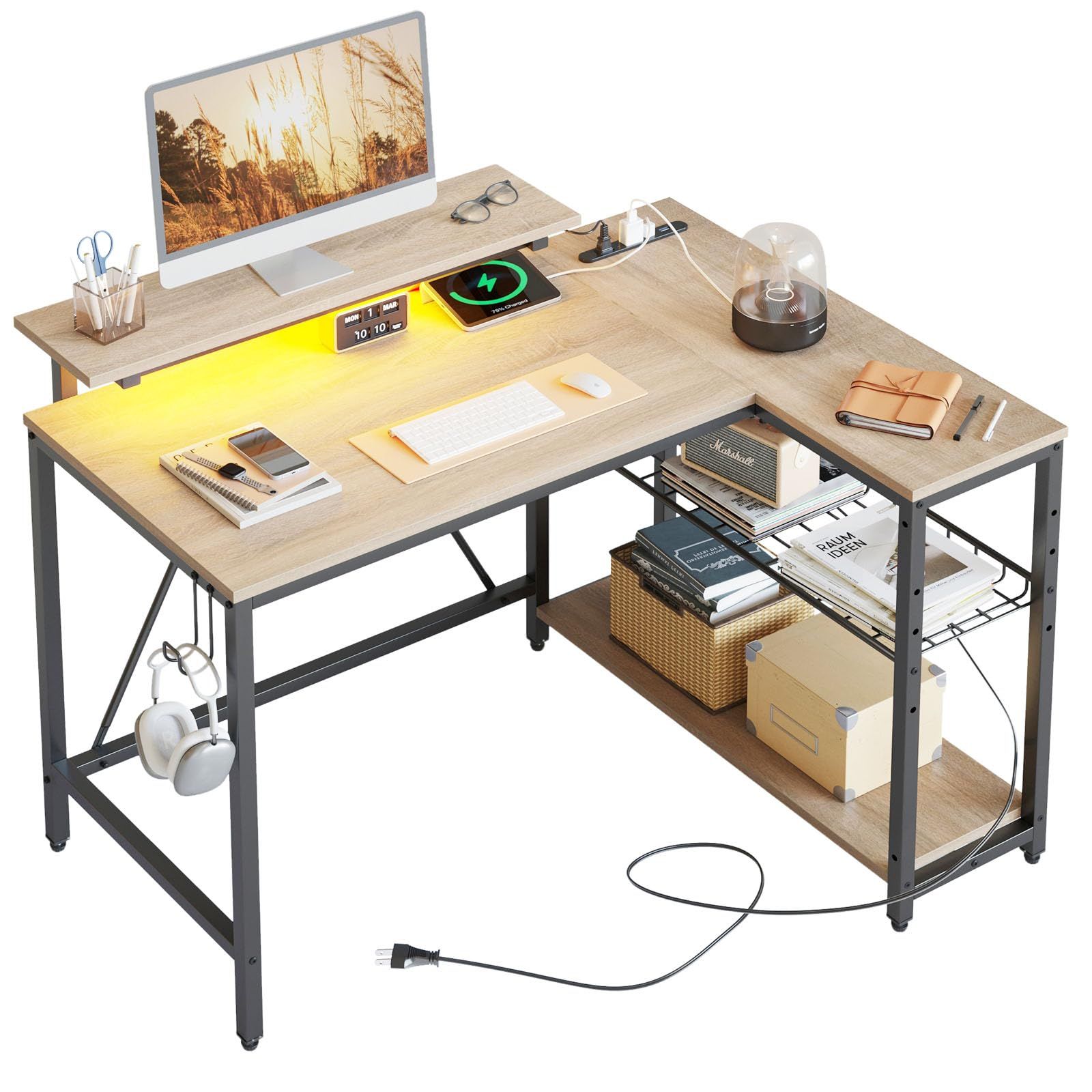 Bestier パソコンデスク L字 幅122cm l字デスク コンセント&モニター台付き ゲーミングデスク LED付き 机 pcデスク L字型 収納 ラック付き 左右組み換え可能 棚高さ調節可能 勉強机 リモートワーク ゲーム 書斎 おしゃれ オークｍａ