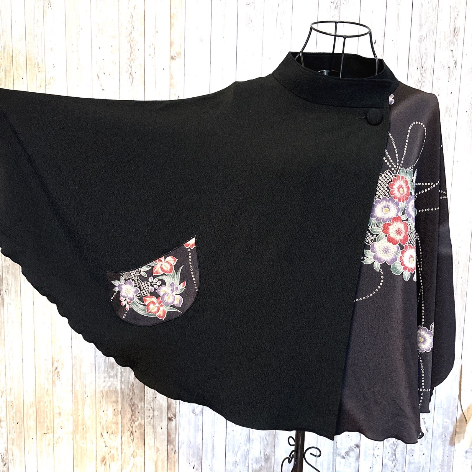 美品】詩仙堂 ポンチョ ケープ スタンドカラー ちりめん 菊 辻ヶ花