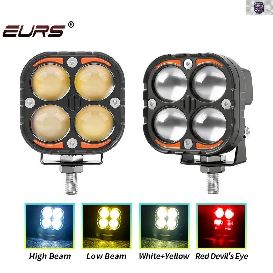 2個入り 4レンズ オートバイ用 LED レッド デビルズアイ スポットライト ホワイト イエロー 点滅ヘッドライト フォグライト ドライビングラ