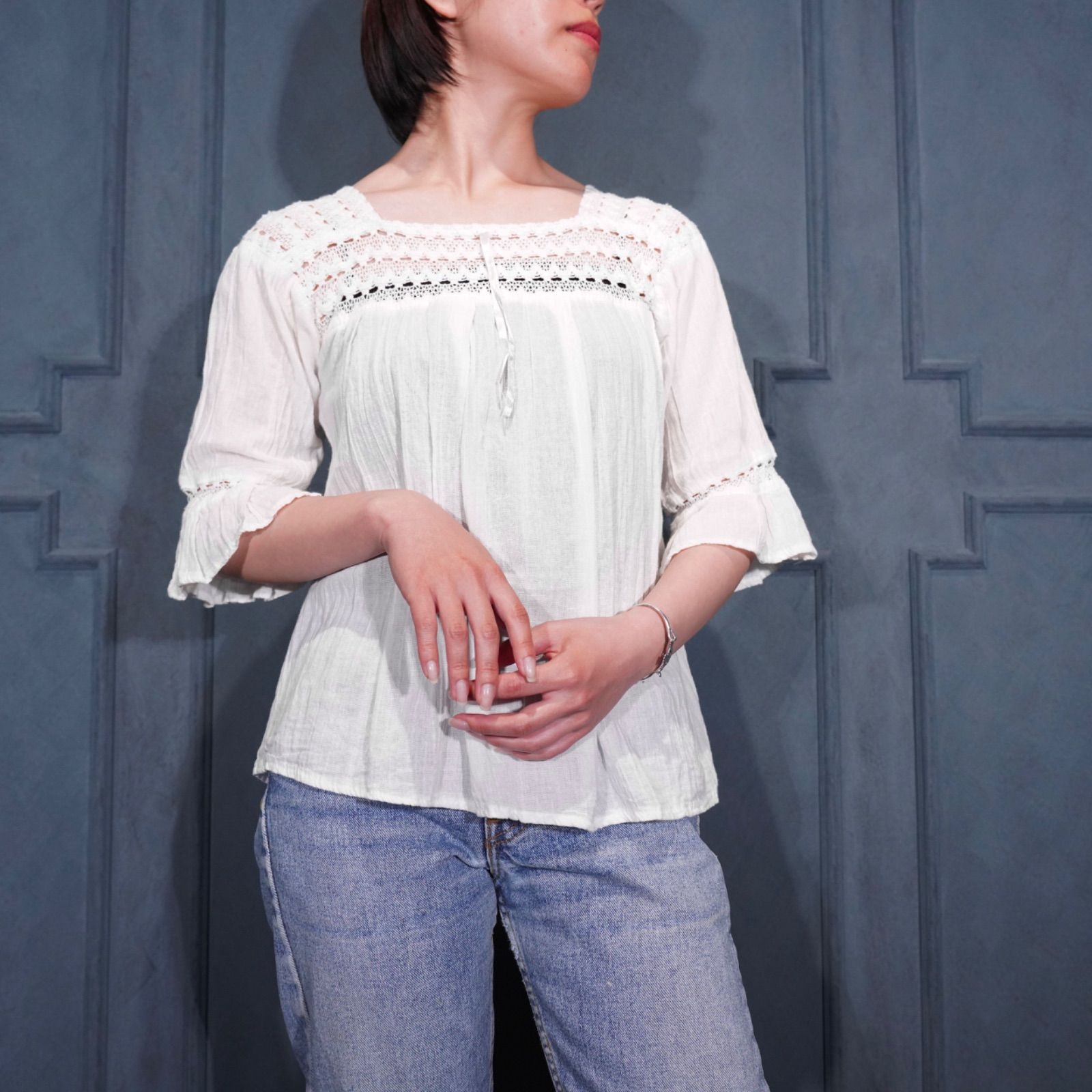 USA VINTAGE LACE DESIGN TUNIC BLOUSE/アメリカ古着レースデザイチュニックブラウス