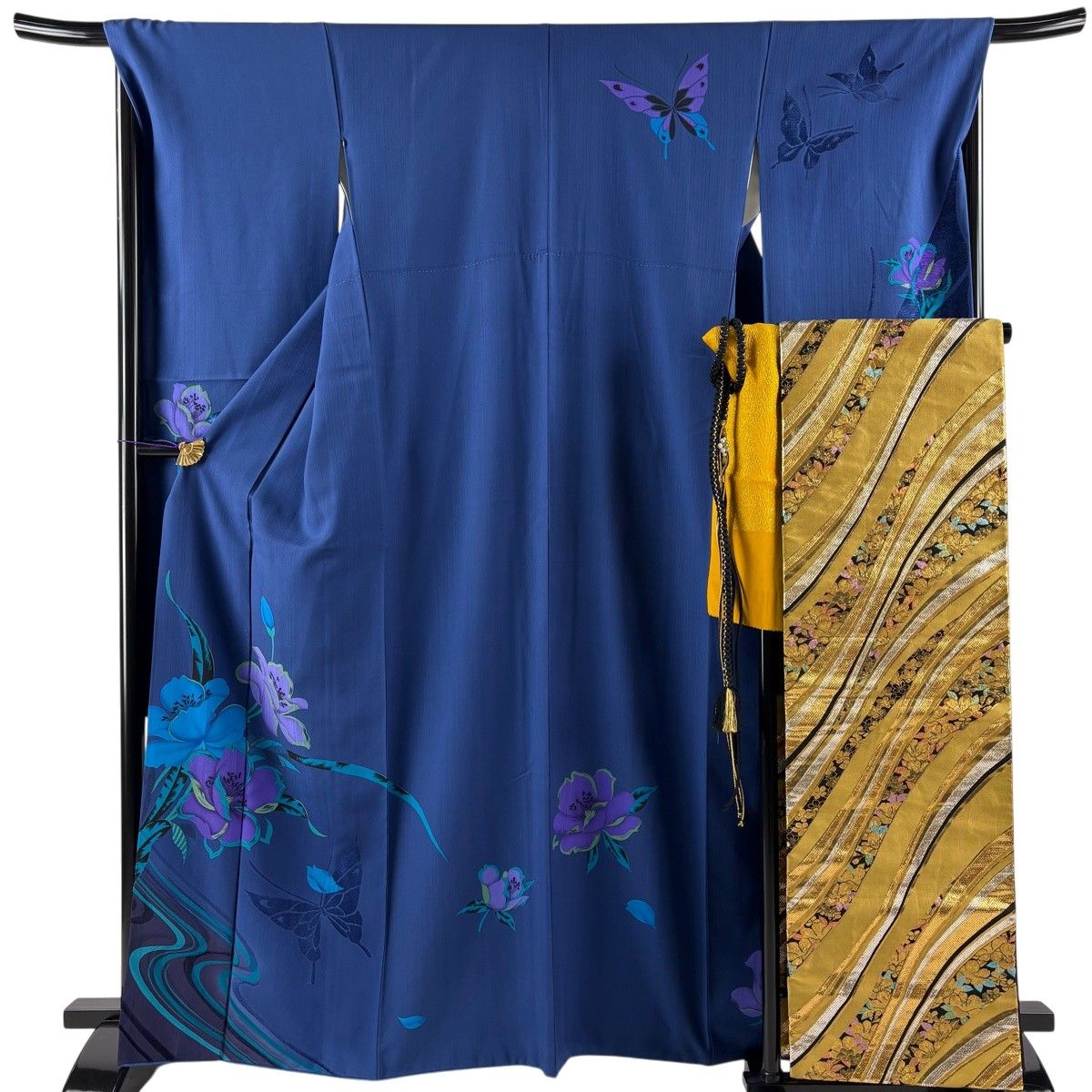 【美品】 振袖 身丈165cm 裄丈69cm L 袷 袋帯フルセット 草花 蝶 ビロード調 青 正絹 秀品 【中古】