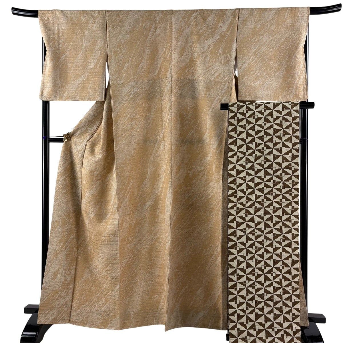 【美品】 小紋 身丈164.5cm 裄丈68cm L 袷 袋帯セット 落款 幾何学模様 縞 薄茶色 正絹 秀品 【中古】 14,560円
