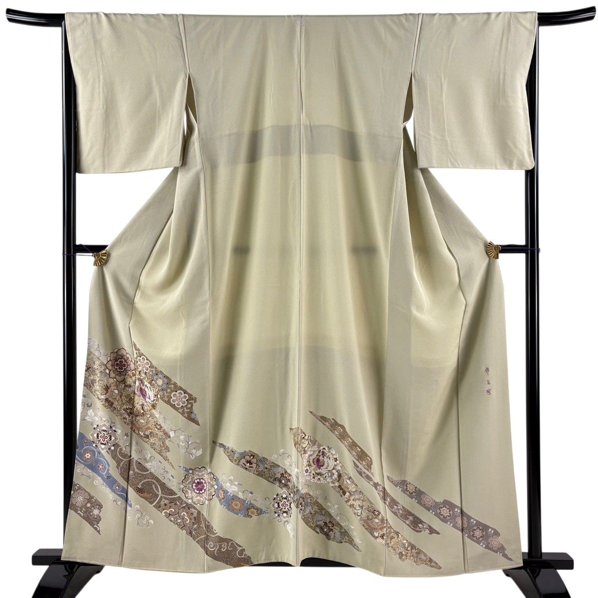 色留袖 身丈160cm 裄丈67cm M 袷 帝王紫 落款 鳳凰 華文 刺繍 金糸 灰緑 正絹 逸品 一つ紋 【中古】