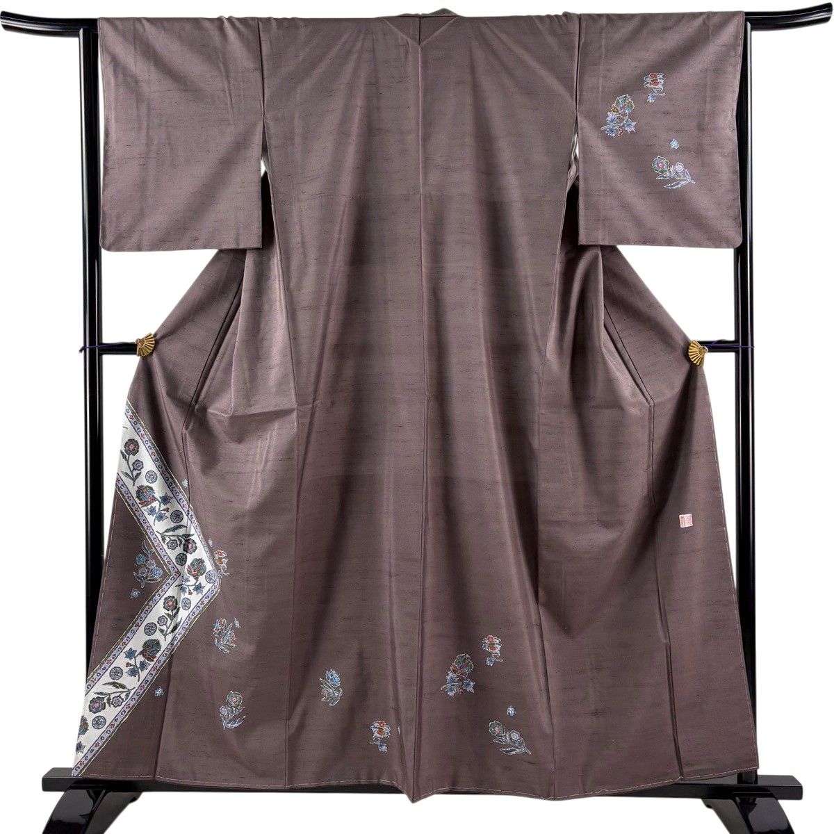 【美品】 付下げ 身丈158.5cm 裄丈64.5cm M 袷 牛首紬地 落款 証紙 草花 茶紫 正絹 逸品 【中古】