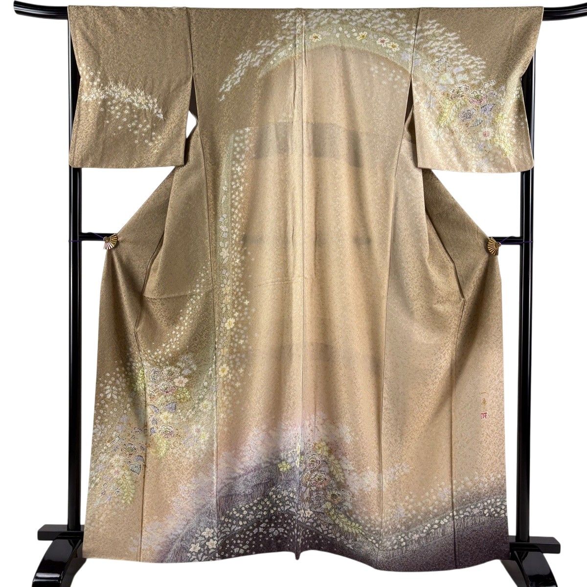 訪問着 身丈163.5cm 裄丈68cm L 袷 吉乃一廉 落款 辻が花 銀通し 金彩 茶緑色 正絹 逸品 【中古】
