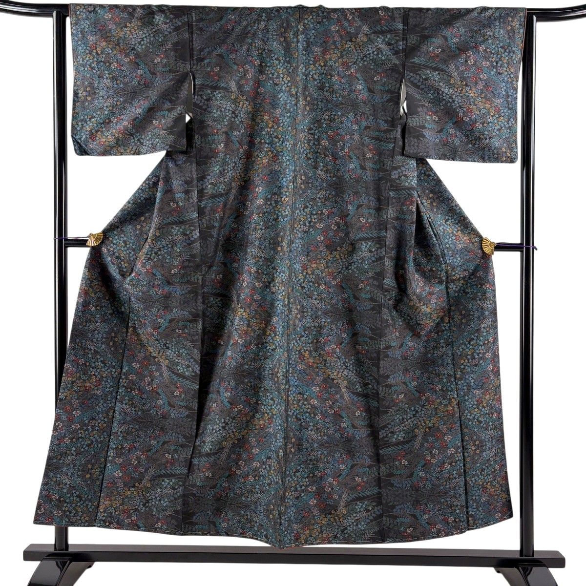 【美品】 大島紬 身丈152.5cm 裄丈63cm S 袷 都喜ヱ門 証紙 小花 黒灰 正絹 逸品 【中古】