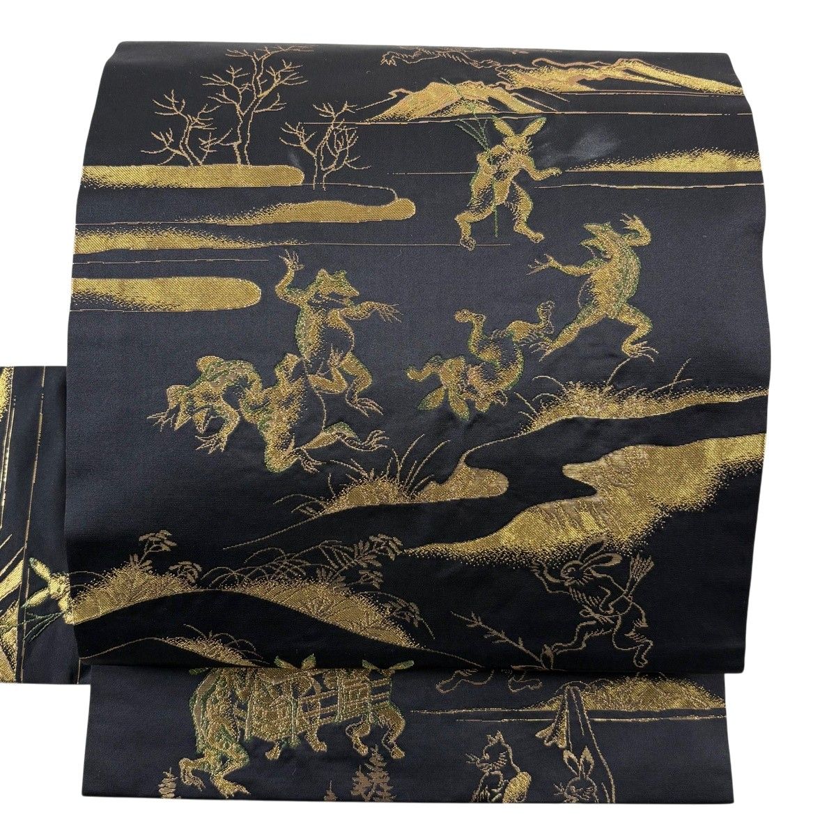 名古屋帯 逸品 鳥獣戯画 金糸 箔 黒 正絹 【中古】