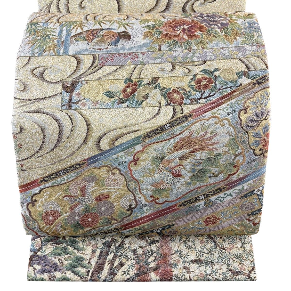 【美品】 丸帯 逸品 温故知新 花鳥 流水 箔 金糸 ベージュ お太鼓柄 正絹 【中古】