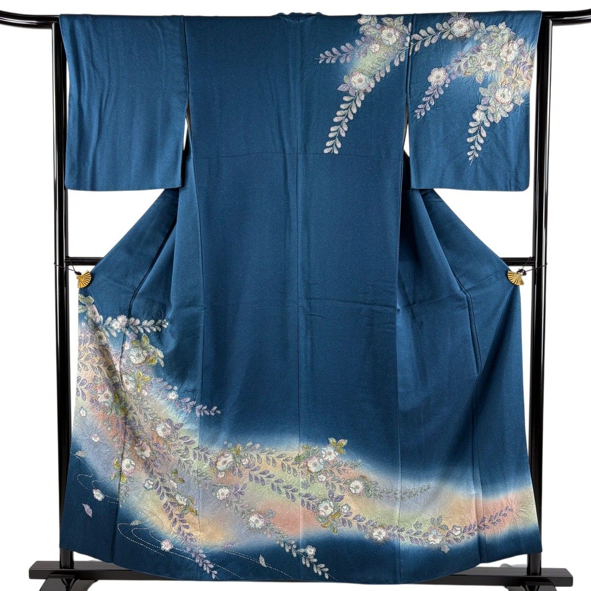 訪問着 身丈157.5cm 裄丈64.5cm M 袷 辻が花 金彩 ぼかし 藍色 正絹 名品 【中古】