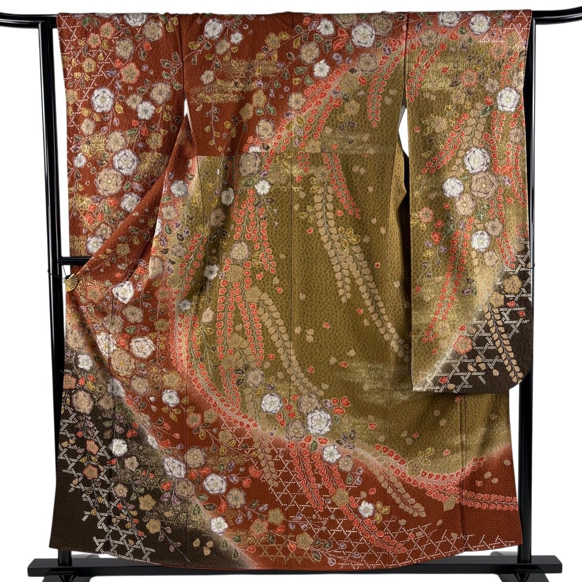 【美品】 振袖 身丈158cm 裄丈64cm M 袷 草花 金糸 金通し 赤茶 正絹 名品 【中古】
