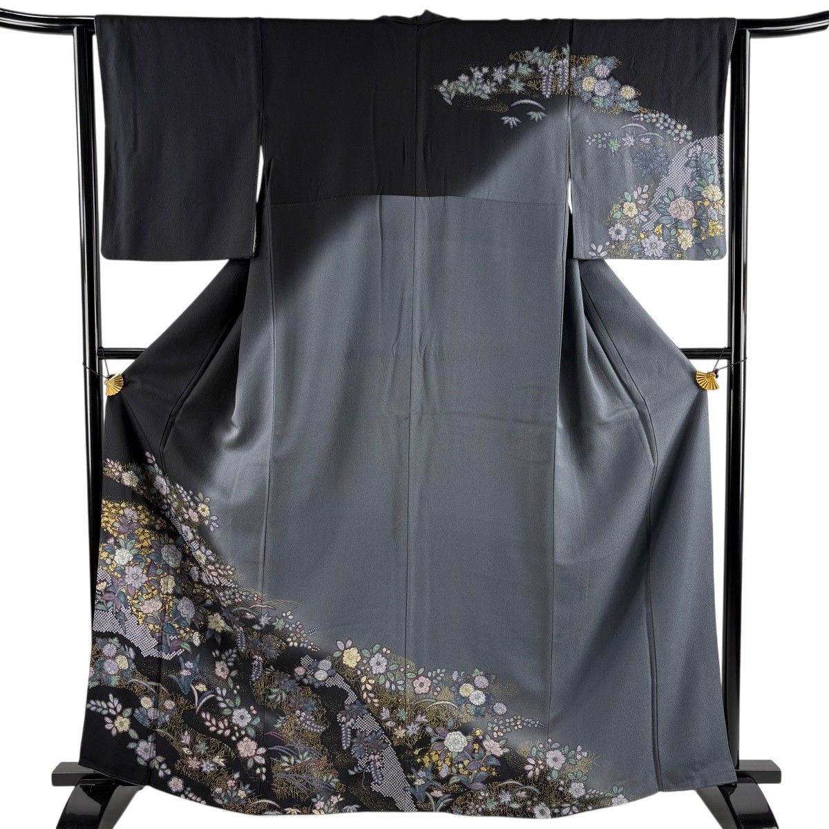 訪問着 身丈164.5cm 裄丈63cm S 袷 辻が花 金彩 ぼかし 灰色 正絹 名品 【中古】