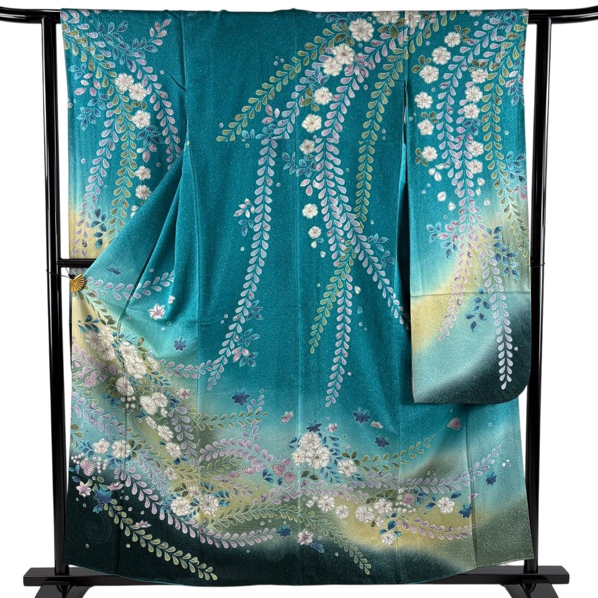 振袖 身丈158cm 裄丈61.5cm S 袷 辻が花柄 銀通し ぼかし 青緑 正絹 名品 【中古】