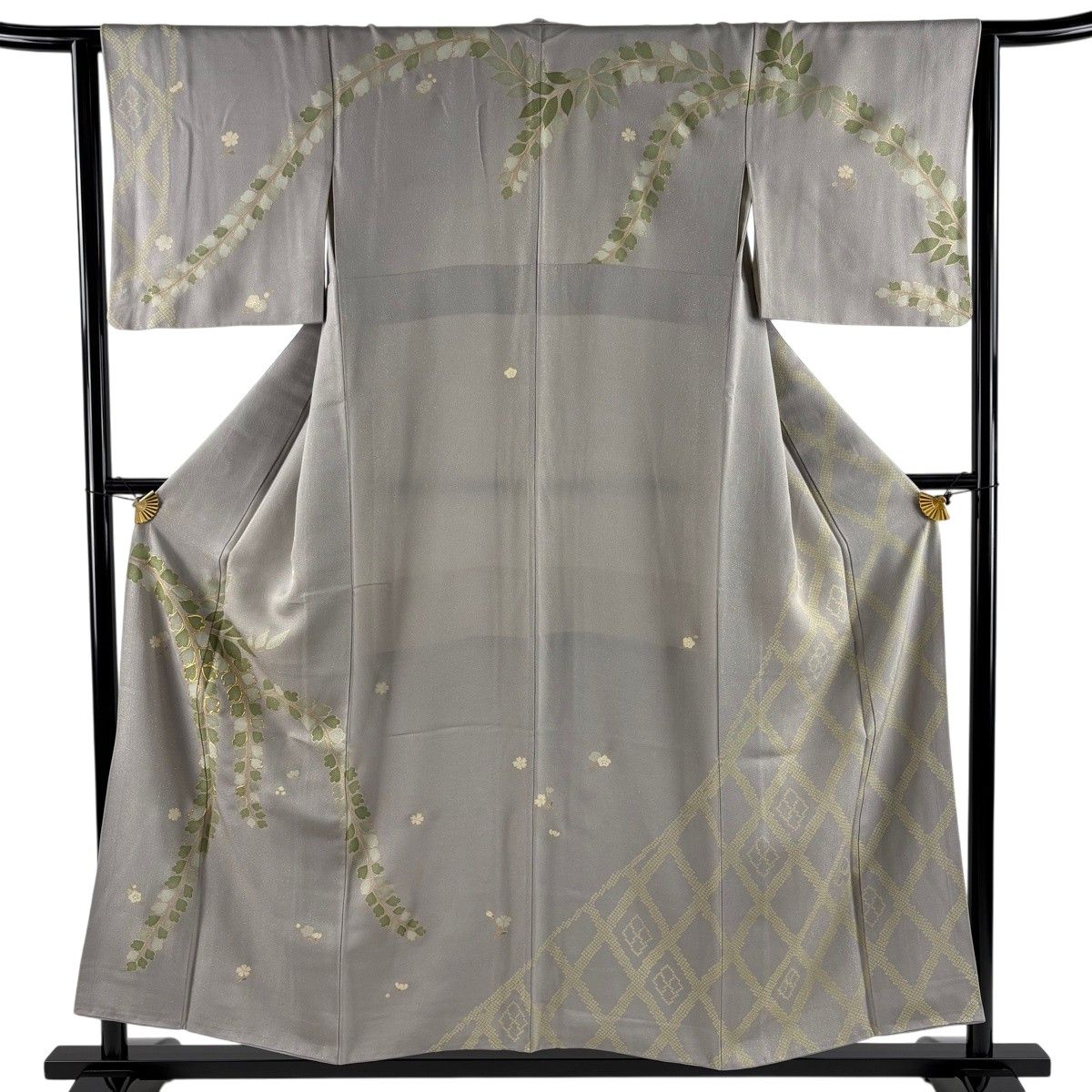 訪問着 身丈153cm 裄丈64cm M 袷 藤 梅 金糸 金通し 灰色 正絹 名品 【中古】