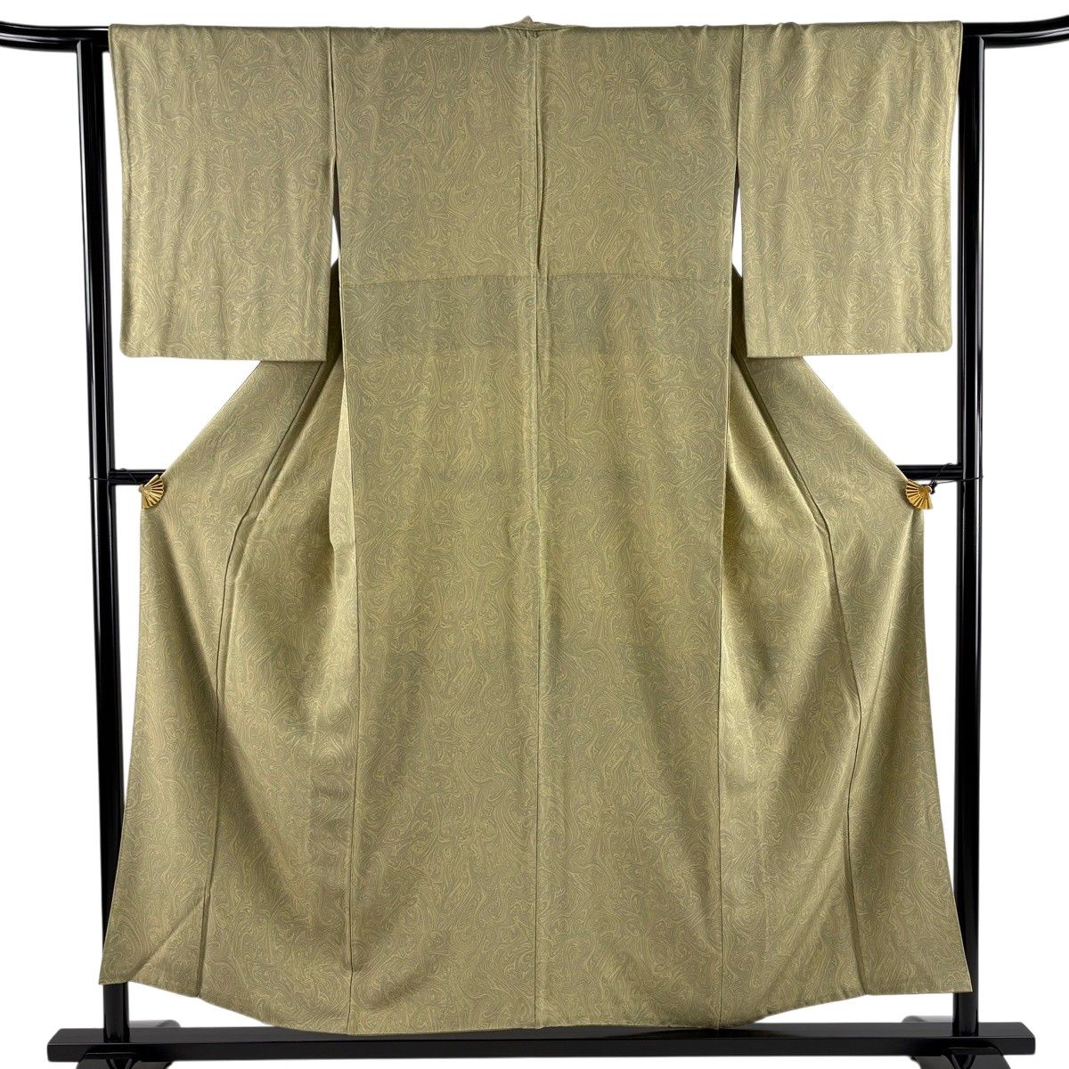 【美品】 小紋 身丈154cm 裄丈63cm S 袷 墨流し 鶯色 正絹 名品 【中古】