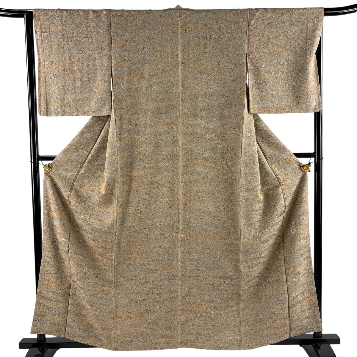【美品】 小紋 身丈158cm 裄丈65cm M 袷 陶彩染 幾何学模様 薄茶色 正絹 名品 【中古】