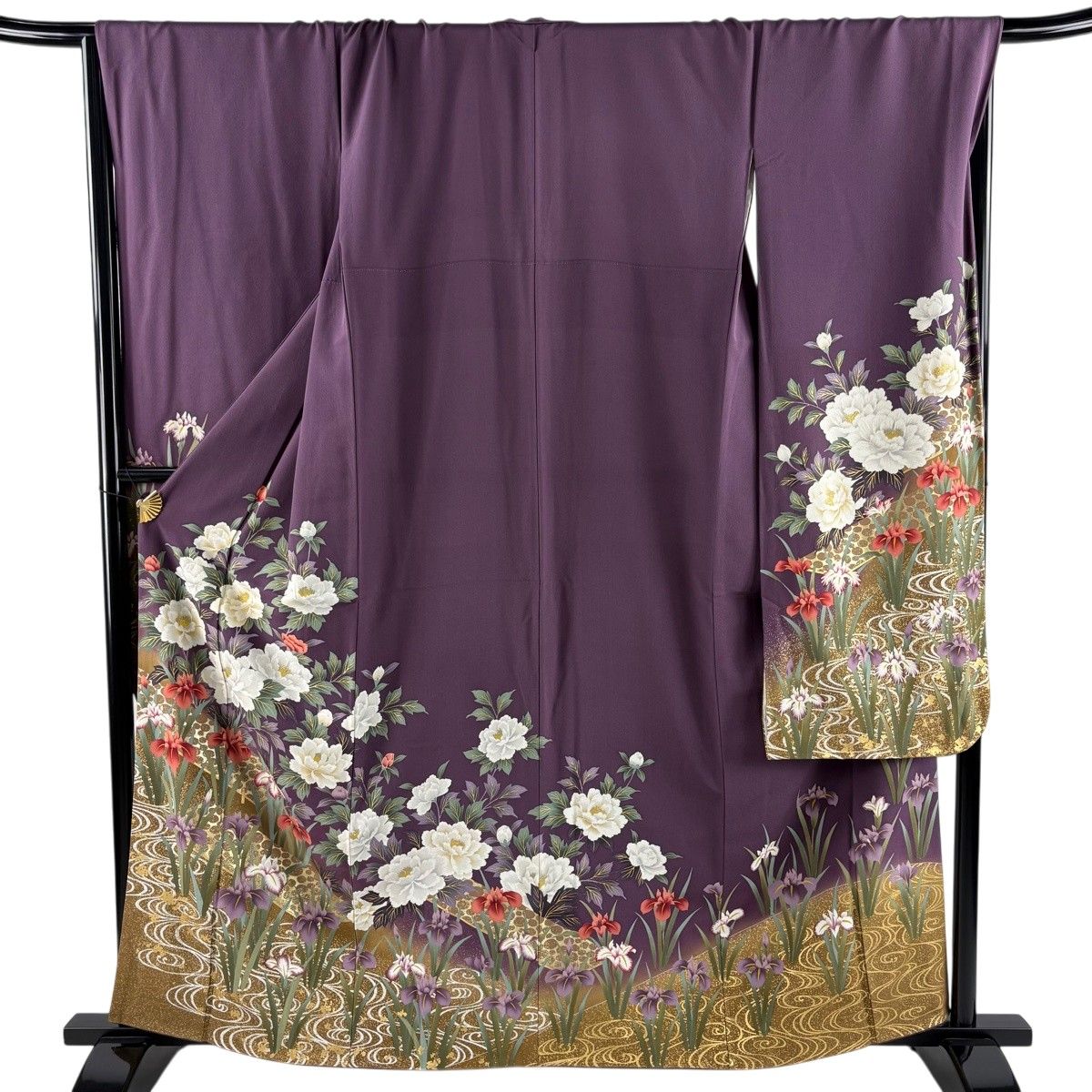 振袖 身丈161cm 裄丈69cm L 袷 牡丹 菖蒲 金彩 紫 正絹 名品 【中古】