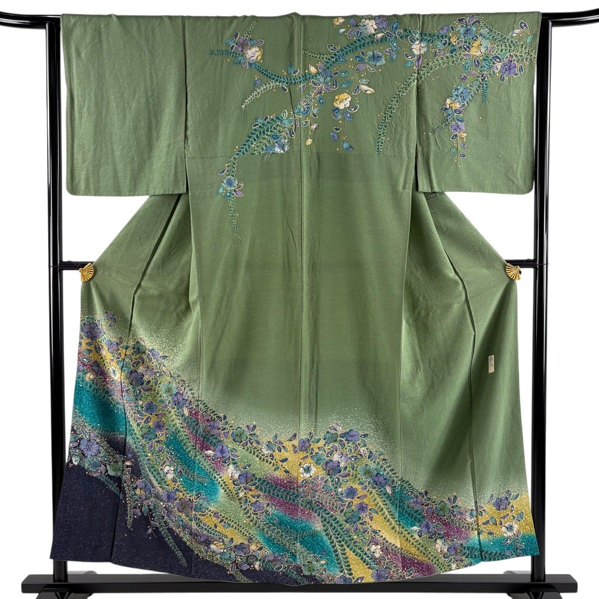 訪問着 身丈155cm 裄丈63.5cm S 袷 落款 辻が花 金彩 ぼかし 灰緑 正絹 名品 【中古】