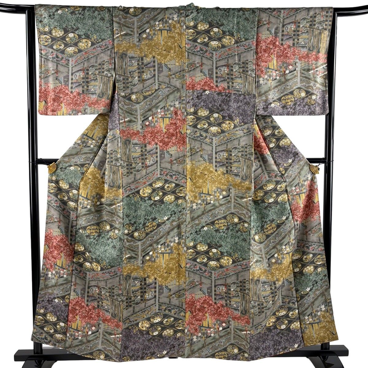 小紋 身丈158cm 裄丈64.5cm M 袷 楓 鳳凰 金彩 灰紫 正絹 名品 【中古】