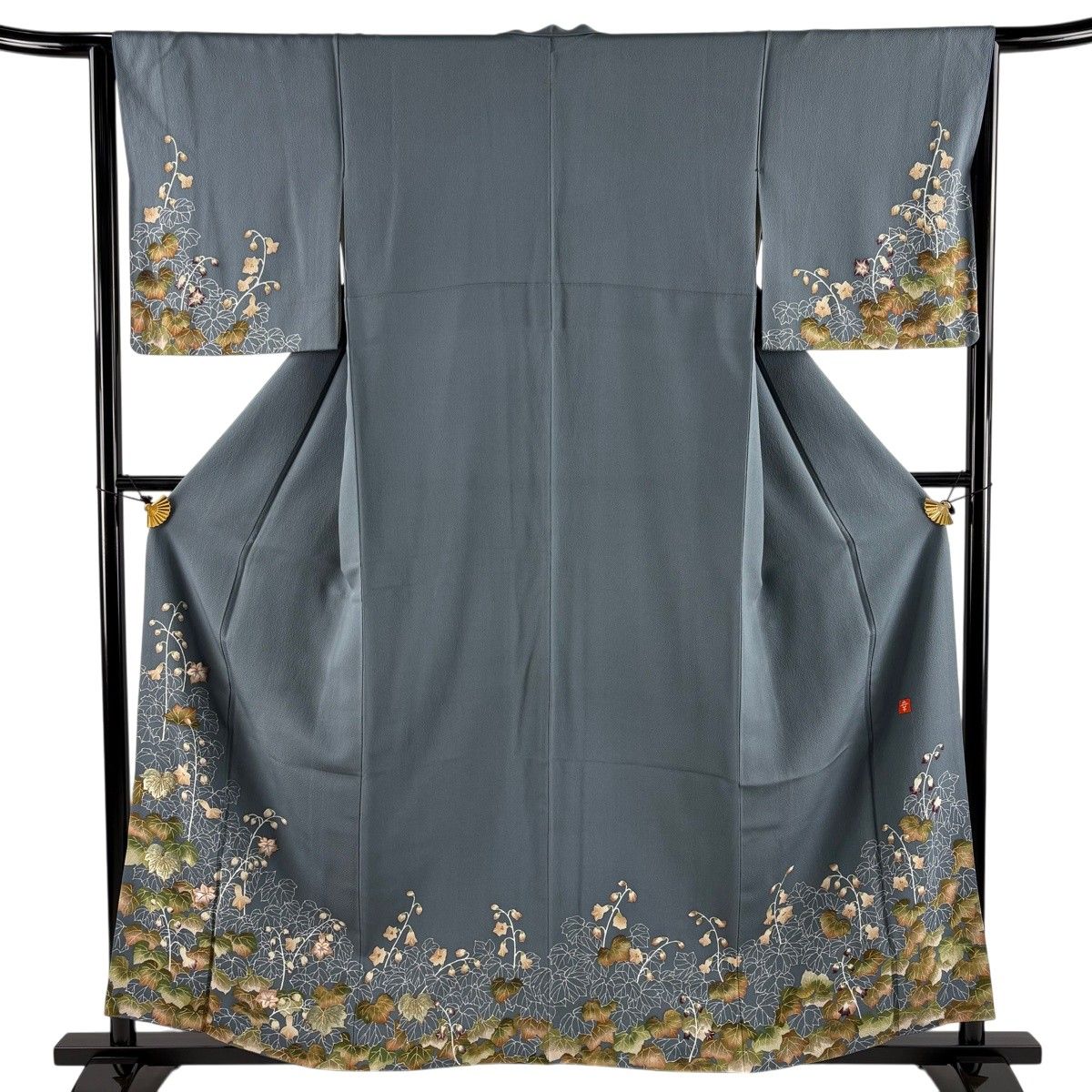 付下げ 身丈158.5cm 裄丈65cm M 袷 花井幸子 やまと 落款 蔦 草花 刺繍 金糸 青灰色 正絹 名品 一つ紋 【中古】