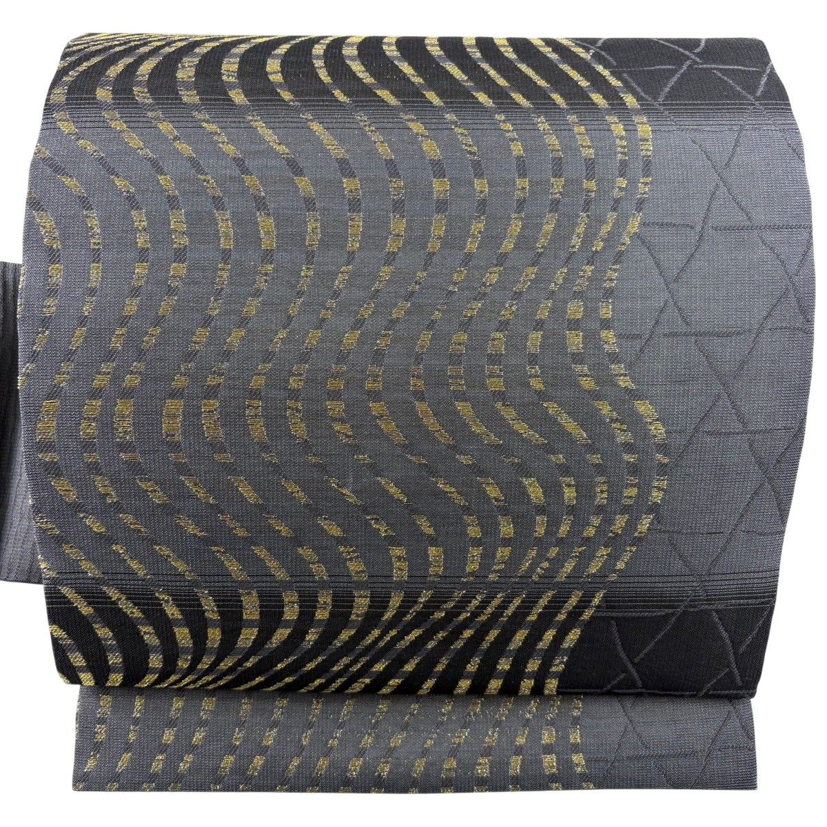 【美品】 名古屋帯 名品 夏帯 よろけ縞 籠目 金糸 青灰色 正絹 【中古】
