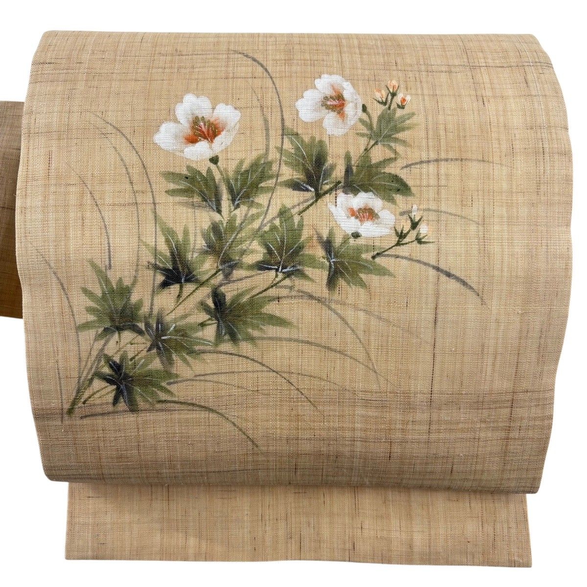 【美品】 名古屋帯 名品 落款 夏帯 草花 金彩 薄茶色 麻 【中古】
