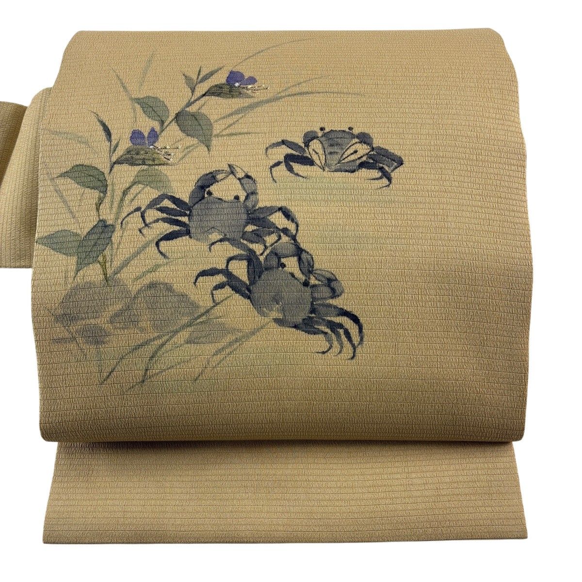 【美品】 名古屋帯 名品 夏帯 絽 かに 露草 ぼかし ベージュ 正絹 【中古】