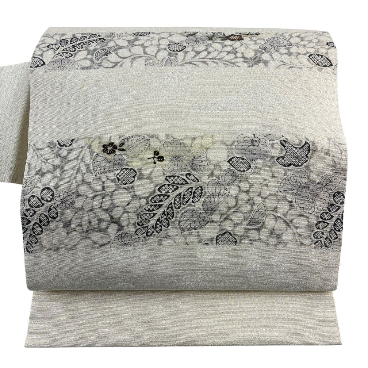 名古屋帯 名品 夏帯 絽 段縞 辻が花柄 クリーム 正絹 【中古】