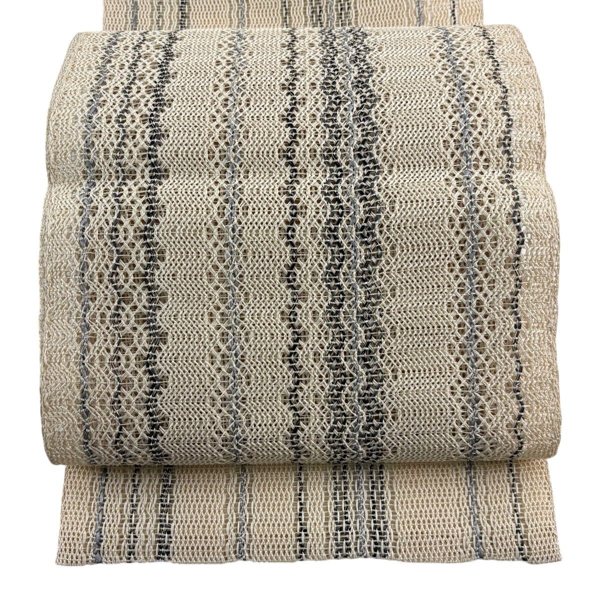 【美品】 名古屋帯 名品 八寸名古屋帯 縞 金通し ベージュ 正絹 【中古】