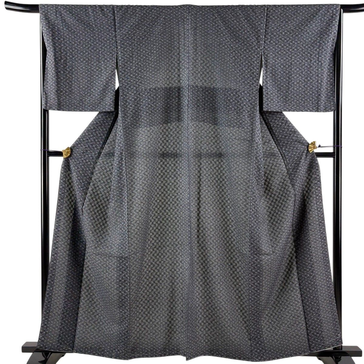【美品】 小紋 身丈160cm 裄丈67cm M 袷 鈴乃屋 麻の葉 墨色 正絹 秀品 【中古】